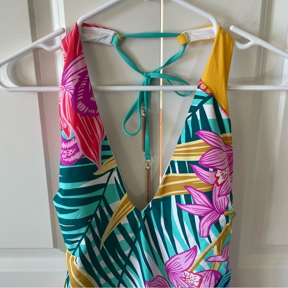 Trina Turk Terra Nostra Plunge Tropical Print Swimsuit Size 14 - Picture 3 of 15